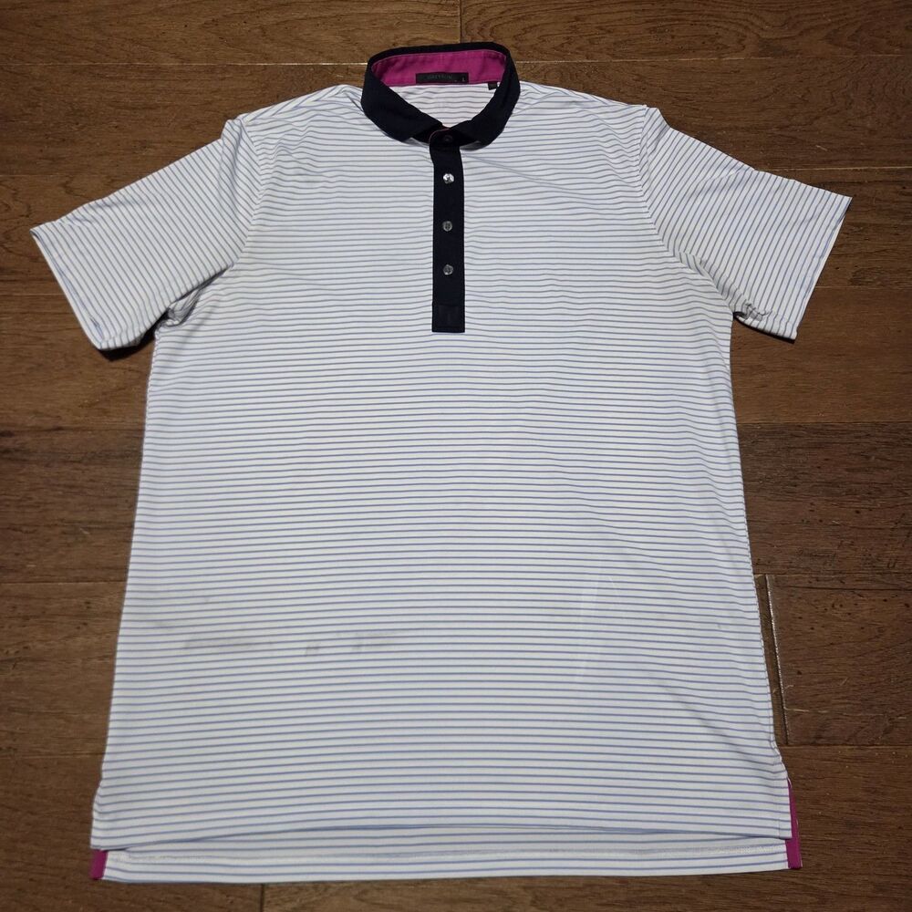 Greyson Polo Shirt Striped Polyester Stretch Gray Mens Large L